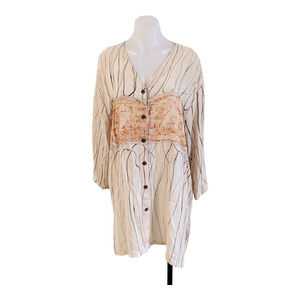 Vintage M.M.K Free Size Long Sleeves Tunic Top Beige Button Down V Neck